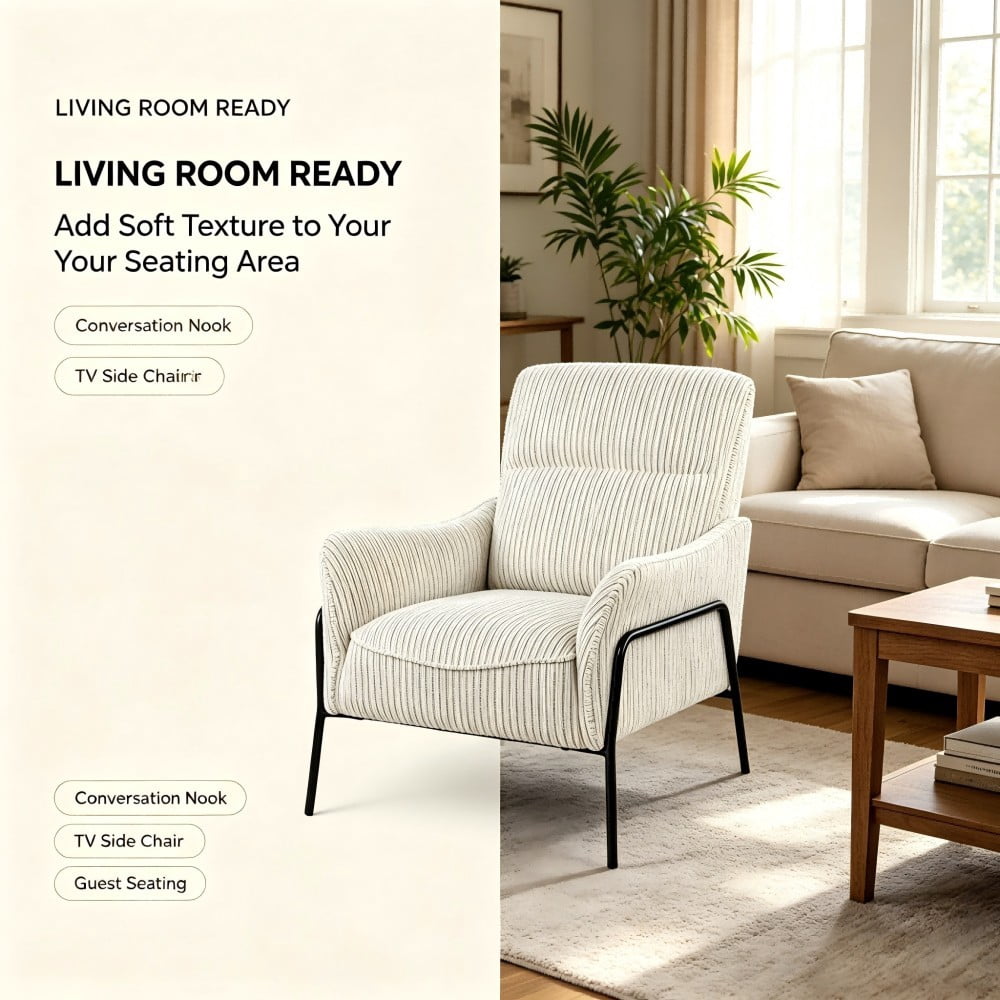 Modern Striped Accent Chair, Upholstered Armchair with Black Metal Frame, Padded Lounge & Reading Chair with Lumbar Pillow for Living Room, Bedroom & Office, Grey