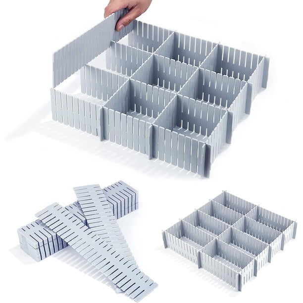 Organizador de cajones, (gris) 24 piezas divisores de cajones, ajustables, divisores de compartimentos de rejilla de cajón para ropa interior, calcetines, suministros de oficina, etc.