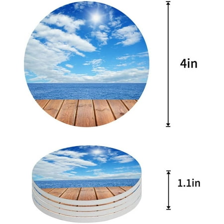 

KXMDXA Beautiful Beach Seascape Blue Sky Wooden Walkway Set of 4 Round Coaster for Drinks Absorbent Ceramic Stone Coasters Cup Mat with Cork Base for Home Kitchen Room Coffee Table Bar Decor