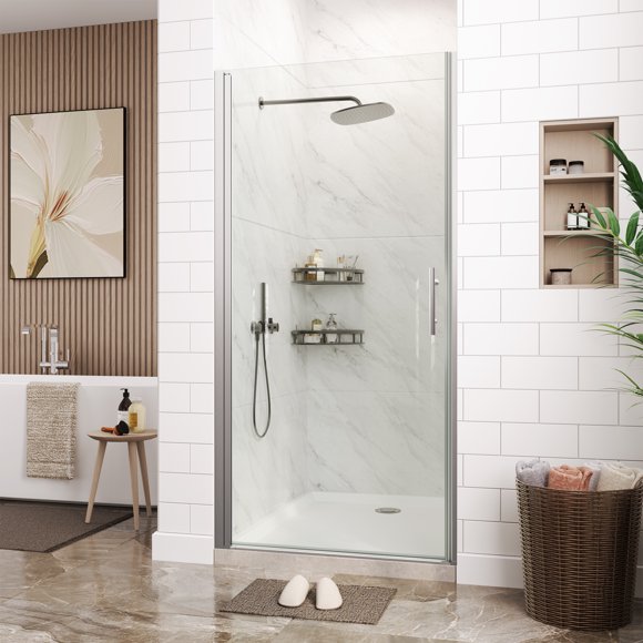 34"W x 72"H Frameless Pivot Shower Door - 1/4" (6mm) Clear Tempered Glass, Brushed Black Finish with Waterproof Seal Strips (Reversible Mount)