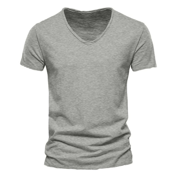 Mens T Shirts Solid Color Cotton V Neck Running Gym Short Sleeve Shirts (Grey M)