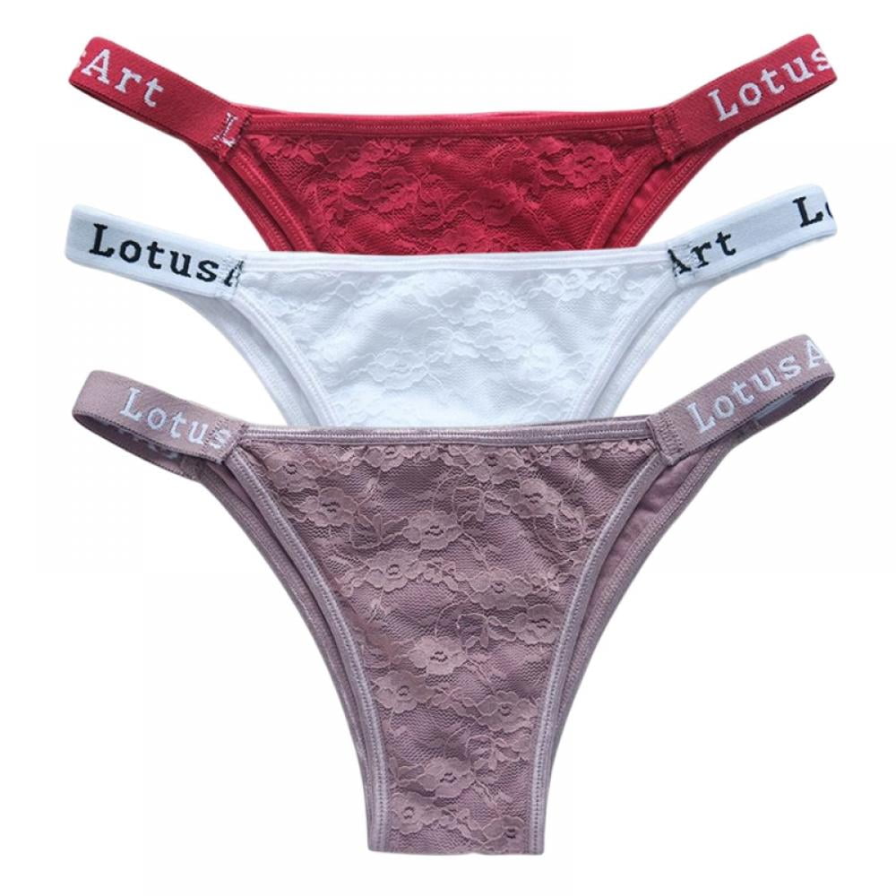 Popvcly 3 Pack Women Floral Lace Thong Seamless T-back Thongs Waistband  Logo Printed Underpants Low-Rise Soft Stretch Panties 