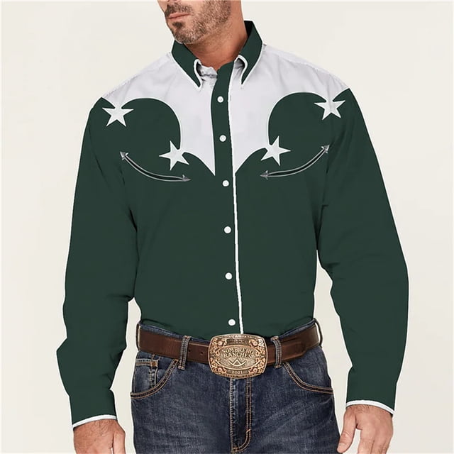 Camisa estampada estilo occidental retro para hombre, informal, de calle, de alta calidad, de manga larga, con solapa, de tela cómoda y suave para hombre