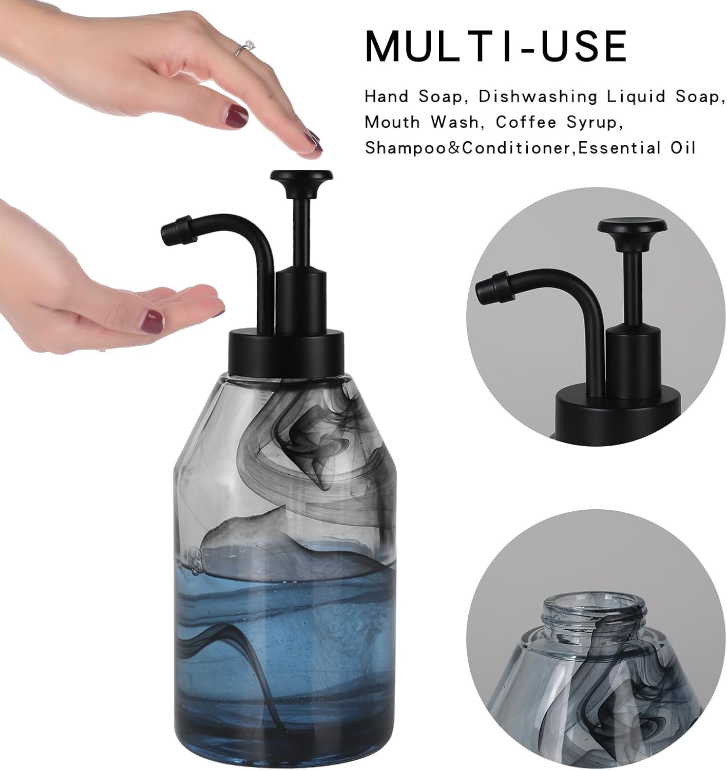 Glass Soap Dispenser for Kitchen and Bathroom Counter, 12.5 Oz Unique Black Smog Thick Glass Hand Soap Bottle with Smooth Action Rust-Free ABS Pump, Dish Soap,Lotion Liquid (Black)