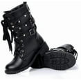 thumbnail image 2 of Women's Motorcycle Boots, Ladies Stylish Retro Combat Mid-calf Lace up Combat Boots with Studded Low Block Heels, 2 of 4