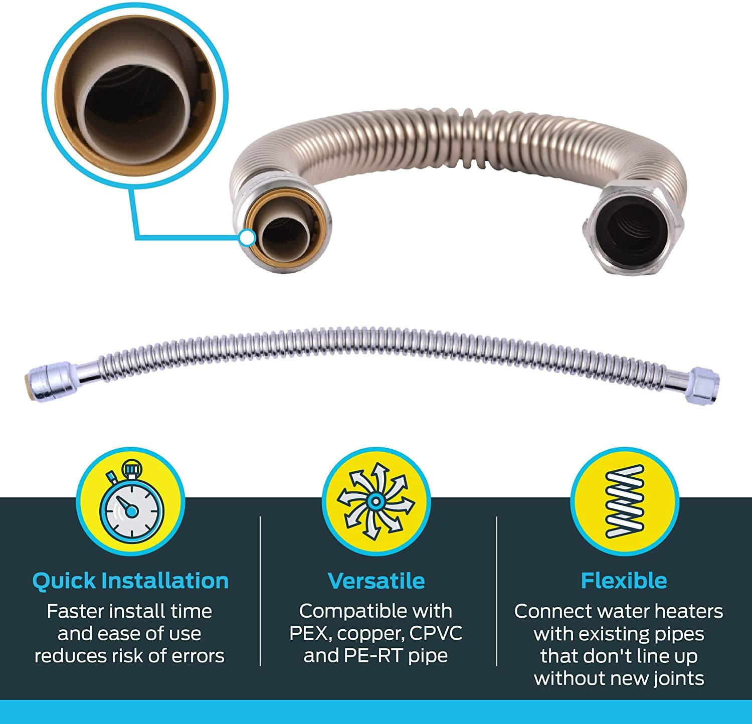 SharkBite Corrugated Flexible Water Heater Connector SS3088FLEX18LFA - 3/4 In x 3/4 In FIP x 24 In