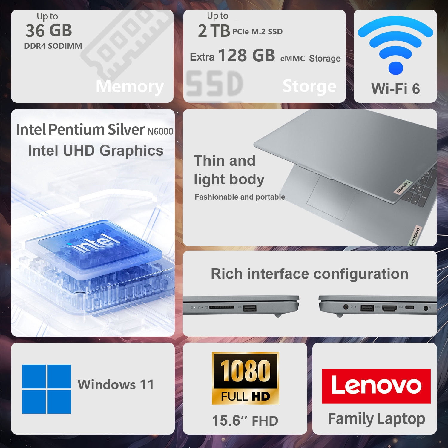 Lenovo IdeaPad 15.6" FHD Laptop, Intel Pentium Silver N6000, 12GB RAM, 128GB eMMC + 256GB SSD, W11H