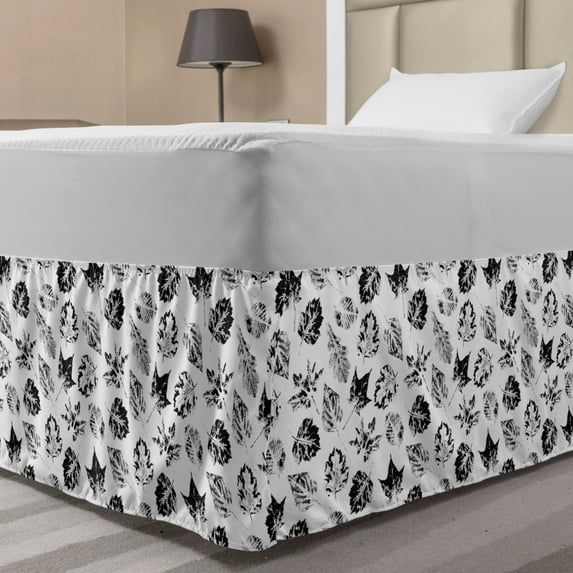 Leaf Bed Skirt, Monochromatic Oak Maple Birch Aspen Tree Fallen Autumn Leaves Illustration, Elastic Bedskirt Dust Ruffle Wrap Around for Bedding Decor, 4 Sizes, Charcoal Grey White, by Ambesonne