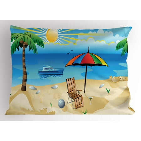 Rainbow Beach Umbrella - Beach Pillow Sham Colorful Cartoon Style Coast Pattern Boat Rainbow Umbrella Open Skyline Palm Tree, Decorative Standard Size Printed Pillowcase, 26 X 20 Inches, Multicolor, by Ambesonne