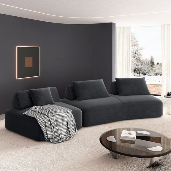 Noble House 139" Modular Sectional Sofa Bed, Fluffy Chenille Couch with Removable Backrests and Soft Pillows, Dark Gray