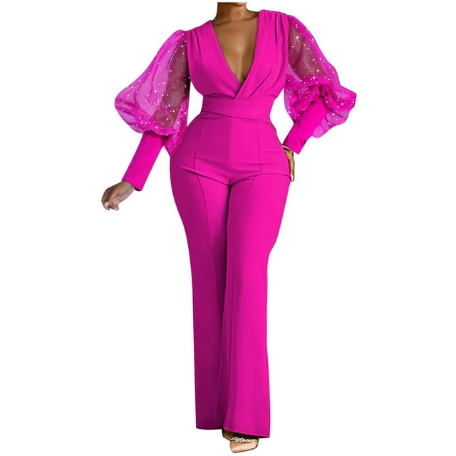 Penkiiy Combinaisons pour Femmes Mode Combinaisons d'Hiver Solides à Sequins Patchwork Manches Longues Col en V Combinaisons Rose Vif G Combinaisons