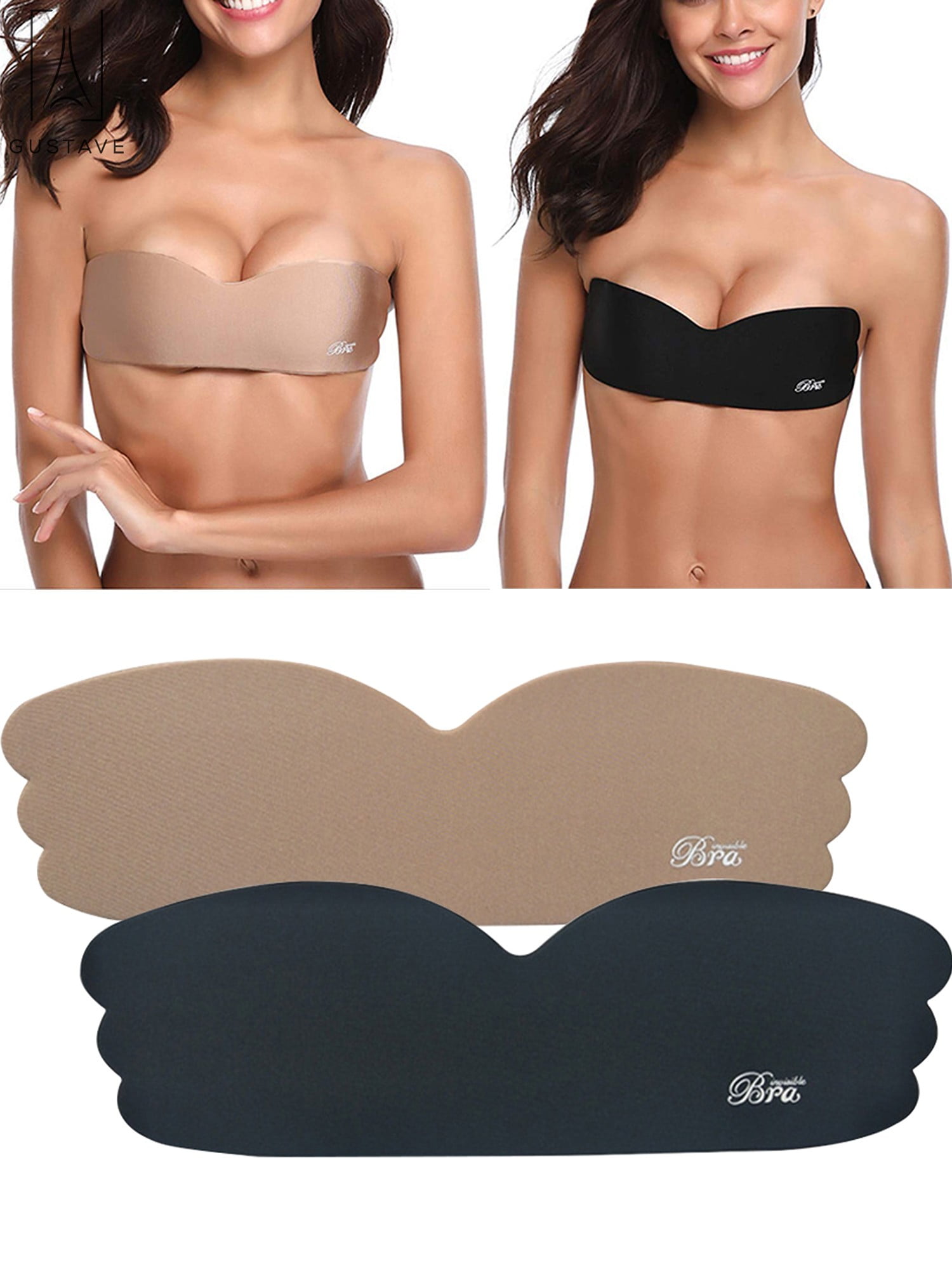  Women Strapless Bra Breast Lift Push Up Bra Self Adhesive  Silicone Bra Tan Bra for Women (Black, B) : 服裝，鞋子和珠寶