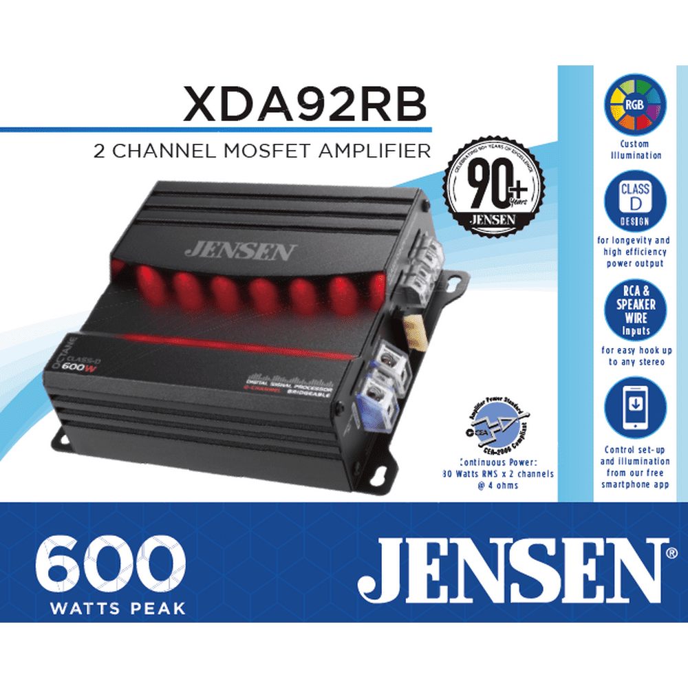 Jensen XDA92RB Class D 2 Channel Amplifier RGB Color 600 Watts