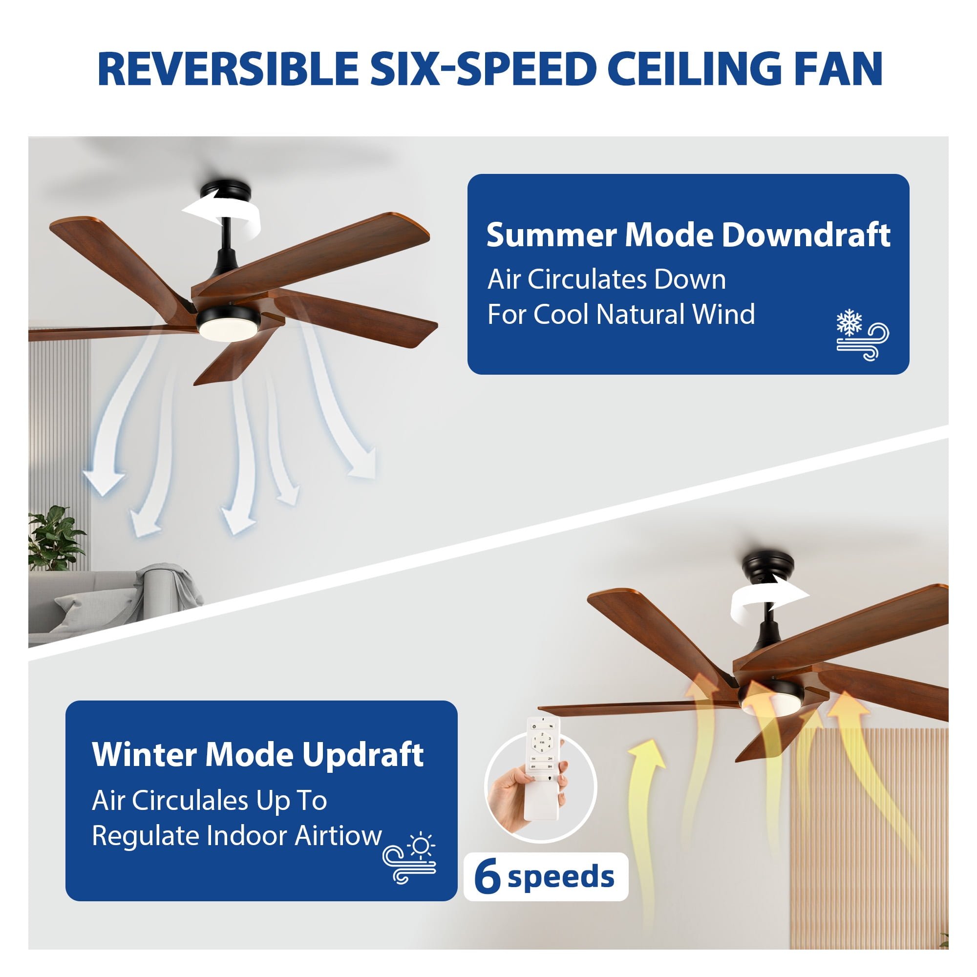 Dextrus 52'' Walnut Modern LED Downrod Indoor Reversible Ceiling Fan with Lights and Remote