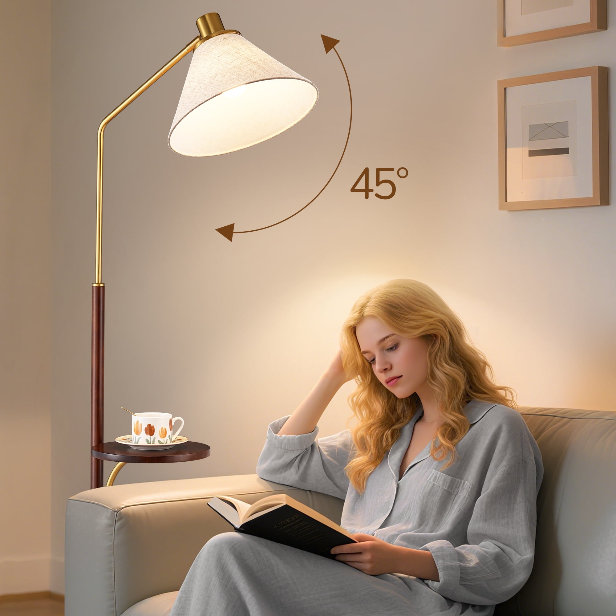 EDISHINE 63inch Vintage Floor Lamps with Table Tray for Living Room, Mid-Century Home Decor Lighting, Adjustable Lampshade