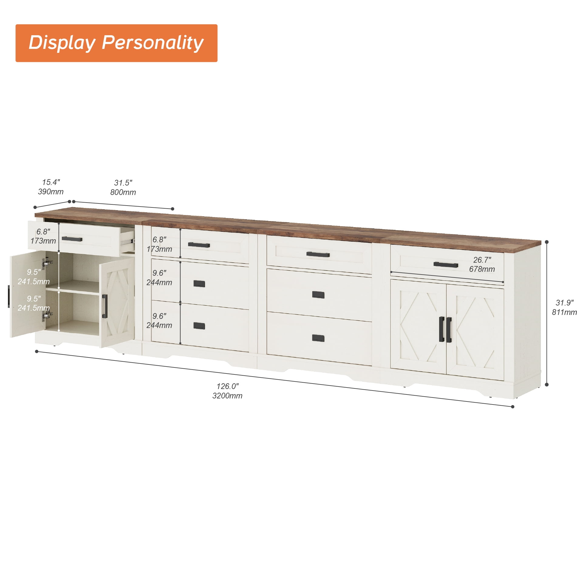 WAMPAT 126"W Large TV Stand,4-in-1 Farmhouse Entertainment Center with Storage Barn Door Cabinet,TV Console Table With Media Cabinet and Drawers for Living Room,Bedroom,Cream White