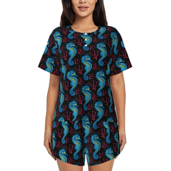 Fuzoiu Blue Seahorse Print Women's Short-Sleeved Pajama Set,Lounge Sleepwear Set,Womens Pajama Sets 2 Piece,Button-Up Top and Shorts with Pockets-Small