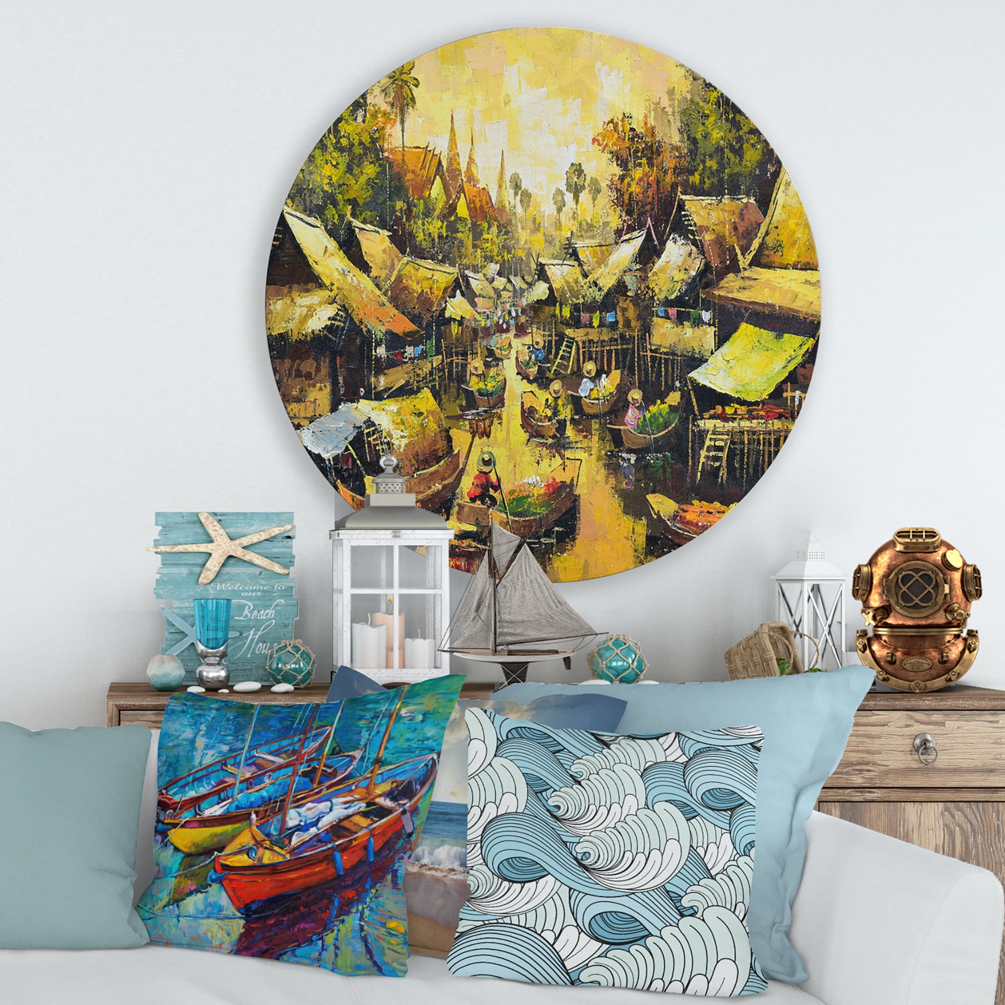 Designart 'Ancient Waterside Life II' Traditional Circle Metal Wall Art 36x36 - Disc of 36
