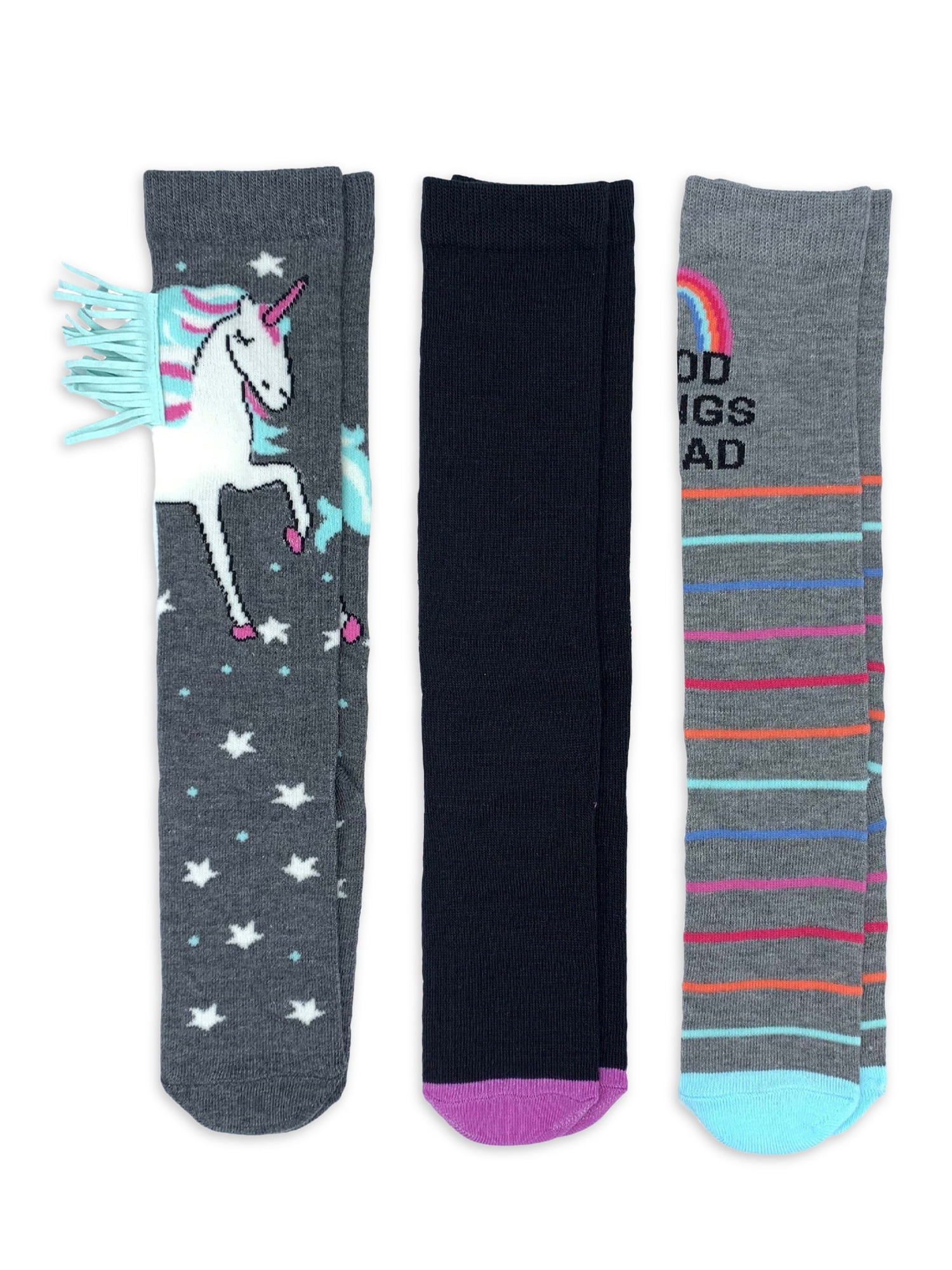 Wonder Nation Girls Unicorn Socks, 3-Pack, Sizes S-L