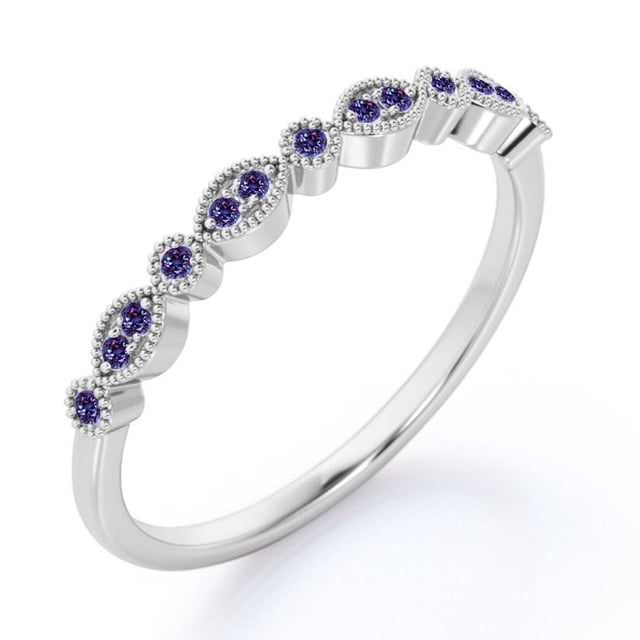 JeenMata Alianza de Boda Estilo Art Déco con Filigrana Milgrain y Piedra Natal de Junio de Talla Brillante Redonda de 0,25 Quilates en Baño de Oro Blanco de 18 K sobre Plata