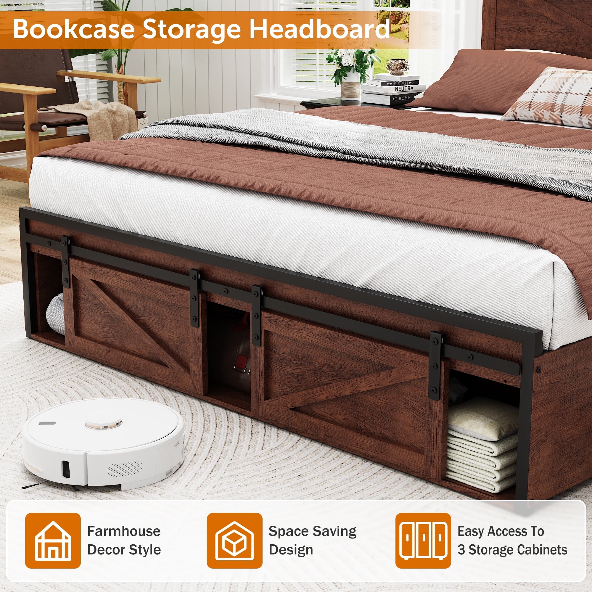 Full Size Bed Frame, Holaki Farmhouse Full Bed Frame with Storage Headboard, Charging Station & LED Lights, 2 Storage Drawers, No Box Spring Needed, Noise Free, Easy Assembly, Dark Brown