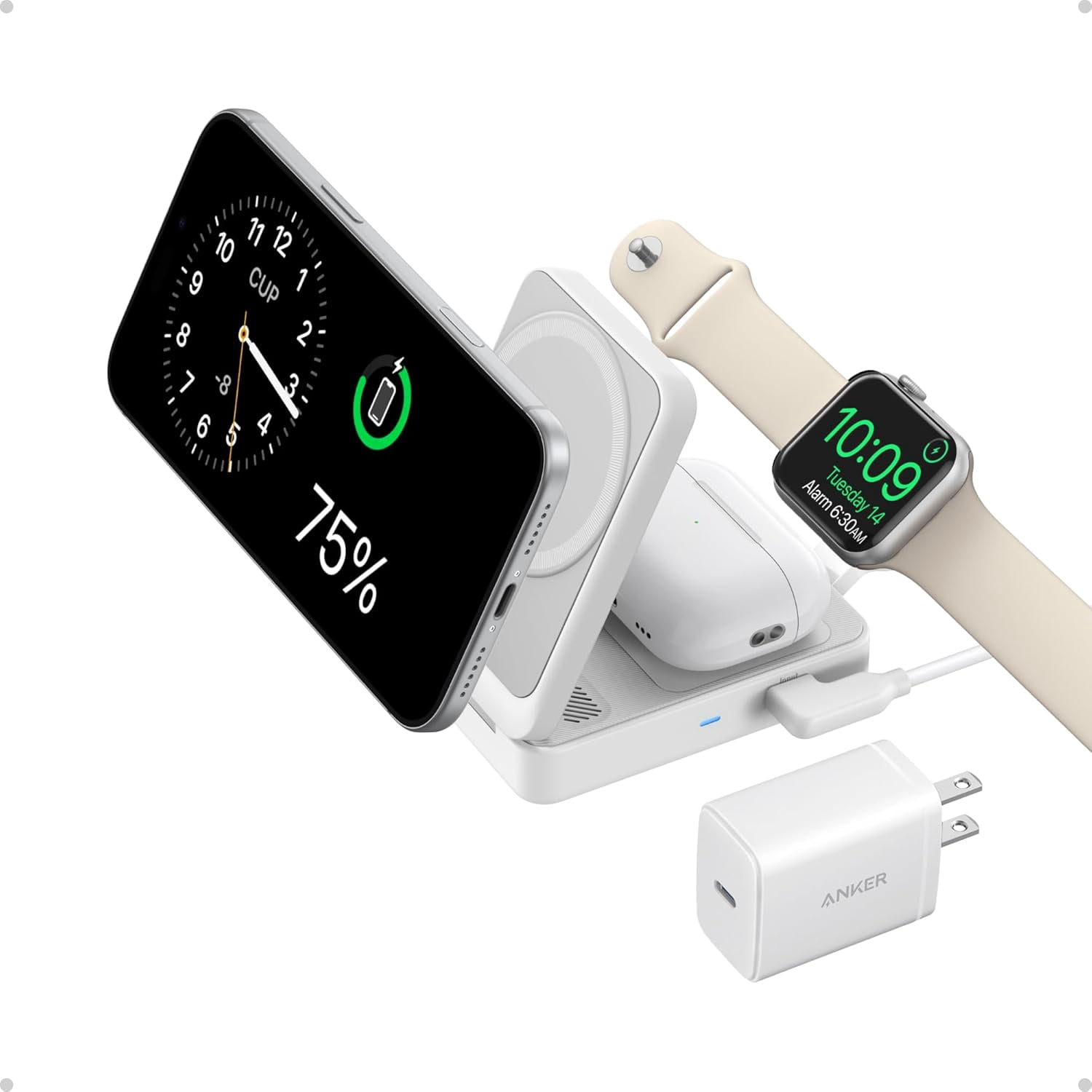 Restored Anker MagGo 3-in-1 Qi2 Certified 15W MagSafe-Compatible Wireless Charger Stand, White (Refurbished)