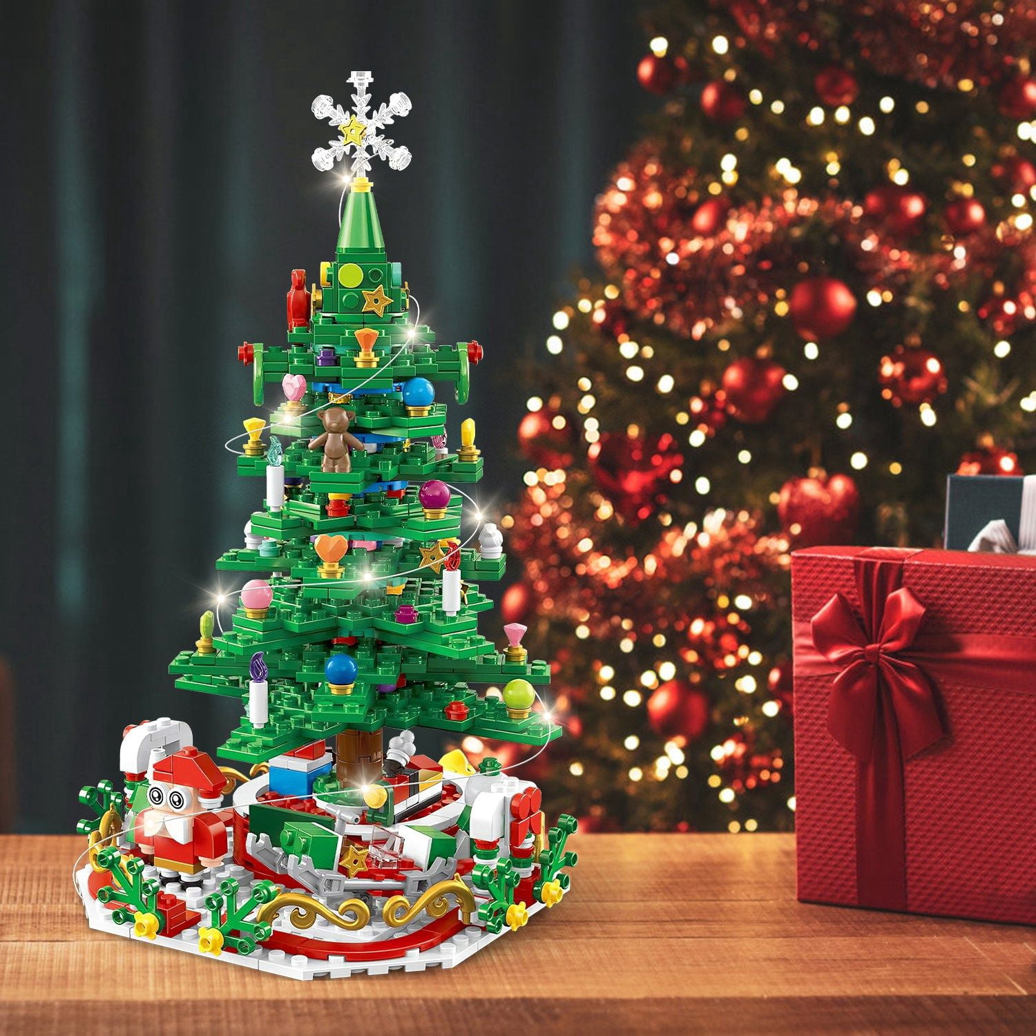 Christmas Tree Building Set, 701 Plastic Pieces, 24-Day Countdown Calendar, 30 USB LED Warm Lights, Santa, Ornaments, Snowflake Topper, Educational Toy for Kids 3-6, Festive Tabletop Decor