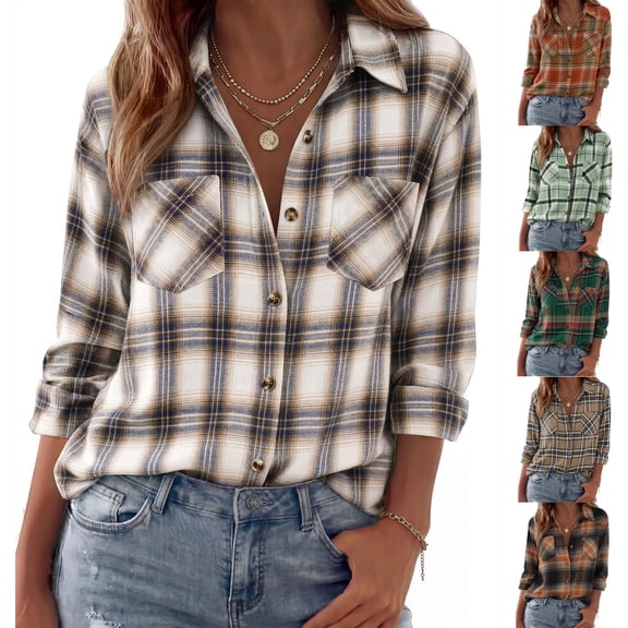 Stralyhd Buffalo Plaid Shirts for Women Button Down Fall Casual Long Sleeve Trendy Lightweight Womens Tops Khaki S