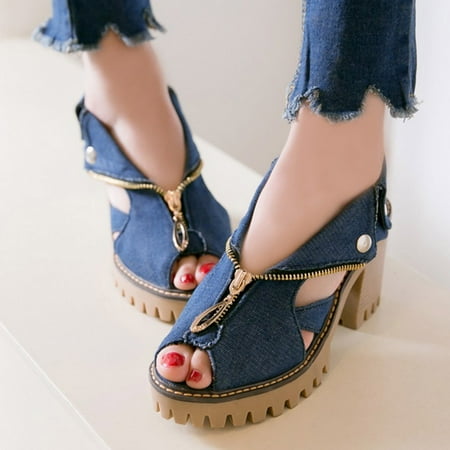 

ZHELIYO Women s sandals Women s Cuffed Denim High Heel Sandals Thick Platform Fish Mouth Casual Shoes Dark Blue 6