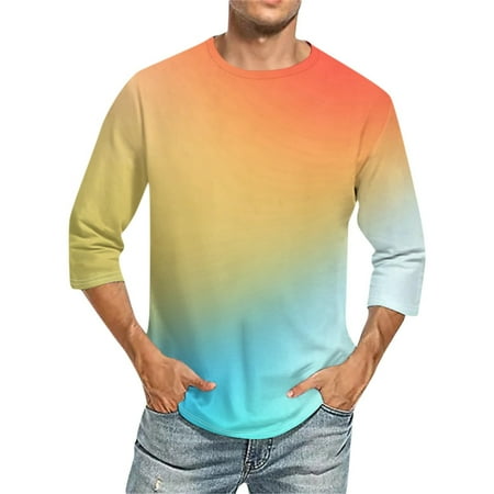 EOYWHK Oversized Tshirts for Men Casual Round Neck Long Sleeve Pullover Gradation Printed T-Shirt Blouse Tops　Autumn Looks