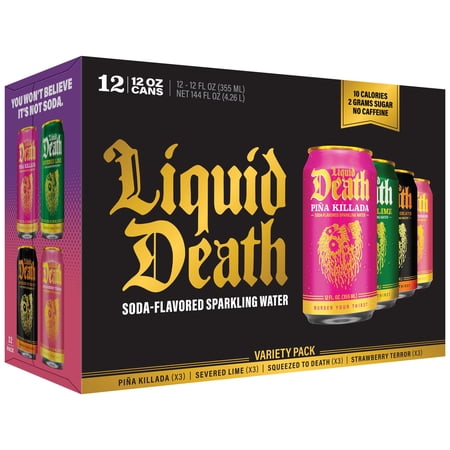 Liquid Death Variety Pack Soda Flavored Sparkling Water 12-pack (12 fl oz Cans), No Caffeine and No Artificial Sweeteners, 4 Flavors: Pina Killada, Severed Lime, Squeezed to Death, Strawberry Terror