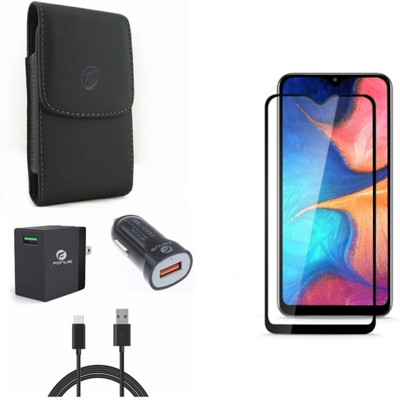 Screen Protector w Fast Home Car Charger w Case Belt Clip for Samsung Galaxy A50/A20 - Anti-Glare Tempered Glass Matte Anti-Fingerprint, USB Cable Type-C 6ft Long Travel, Leather Holster Cover Pouch