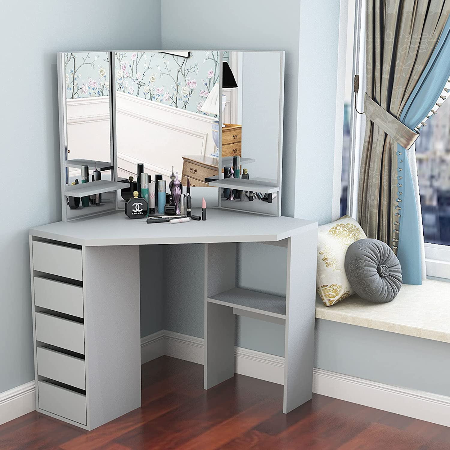 Grey Hironpal Corner Curved Dressing Table Makeup Vanity Desk with 5 Drawer 3 Angle Mirror Makeup Vanity Table Bedroom Furniture with 25mm Thick High Gloss Table Top 