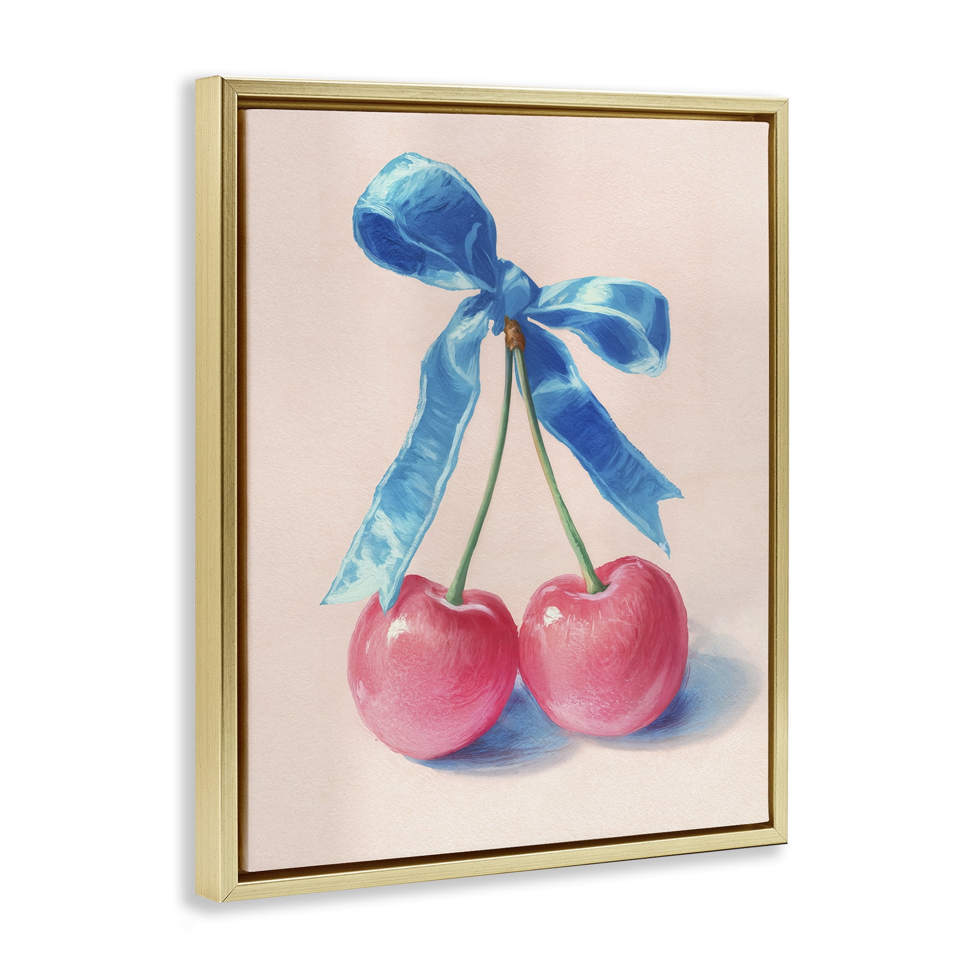 Stupell Industries Twin Cherries with Blue Ribbon Gold Framed Floater Canvas Wall Art, design by Imagine It Images