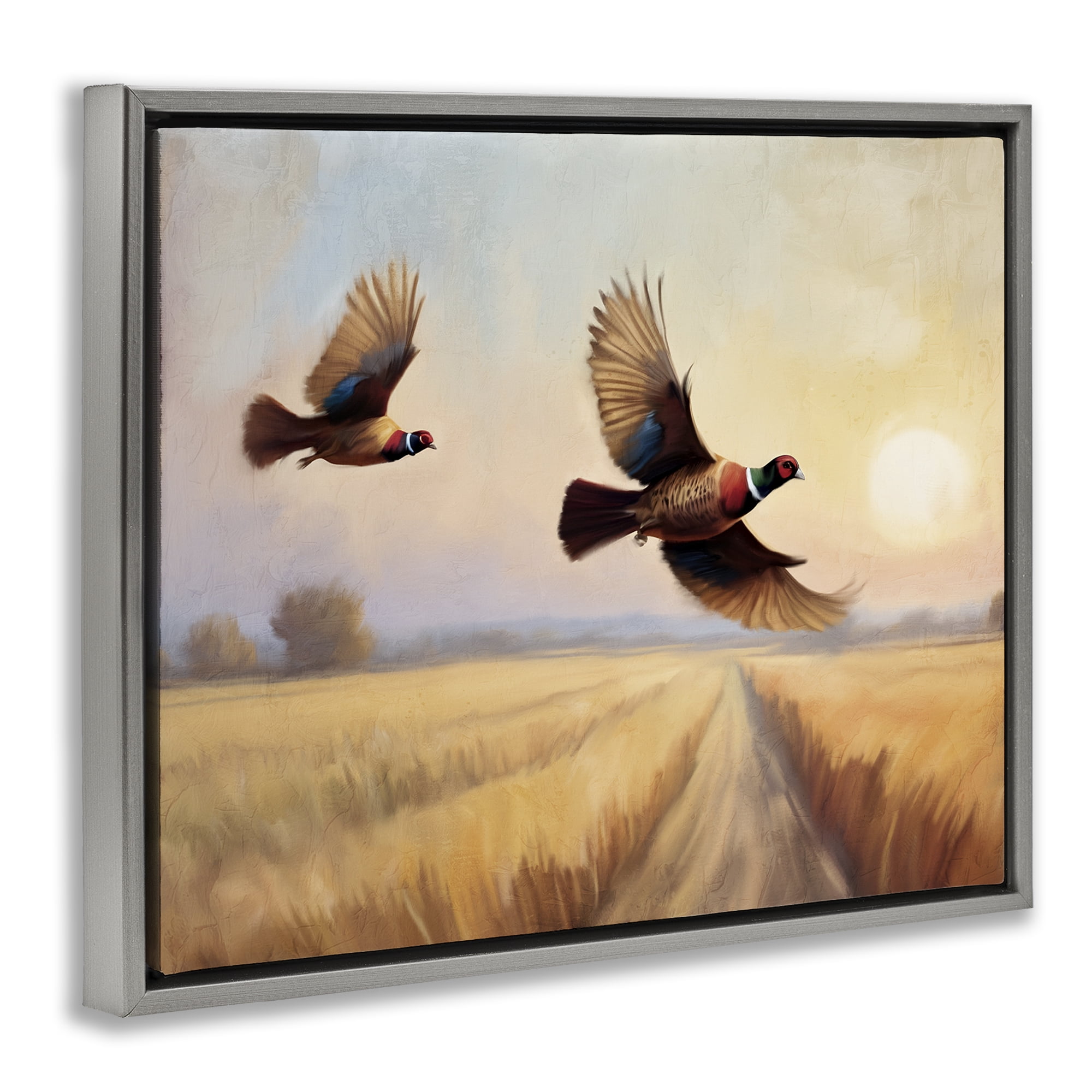 Stupell Industries Fall Flight Pheasants Landscape & Nature Painting Gray Floater Framed Canvas Art Print Wall Art, 21 x 17
