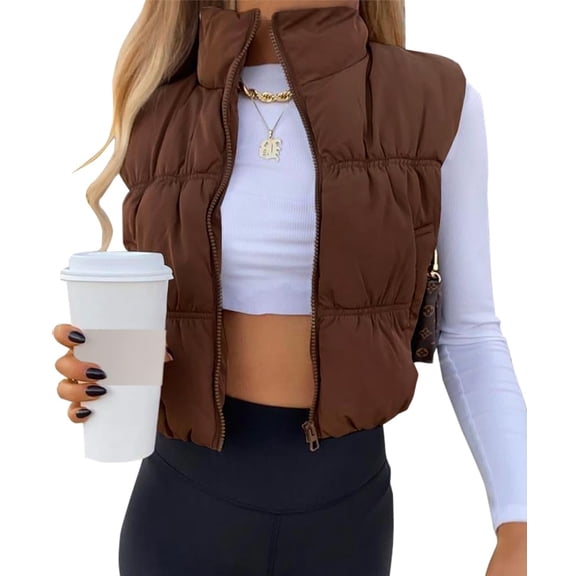 Women Cropped Puffer Vest Stand Collar Sleeveless Zip Up Padded Gilet Outerwear