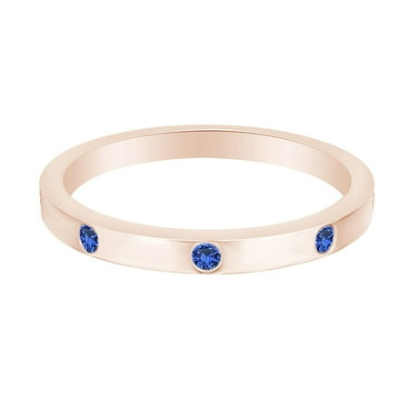 - Round Shape Simulated Blue Sapphire 14k Rose Gold Over Sterling Silver Burnish Set Band Ring-4