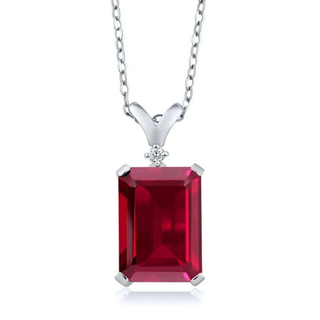 - 8.02 Ct Emerald Cut Red Created Ruby White Diamond 925 Sterling Silver Pendant