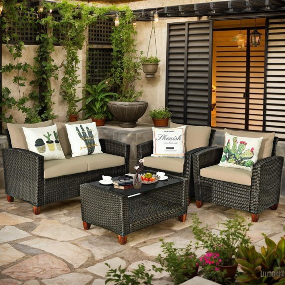 Resenkos 4 Pieces Patio Rattan Furniture Set, Outdoor Furniture Garden Conversation Bistro Sets with Coffee Table