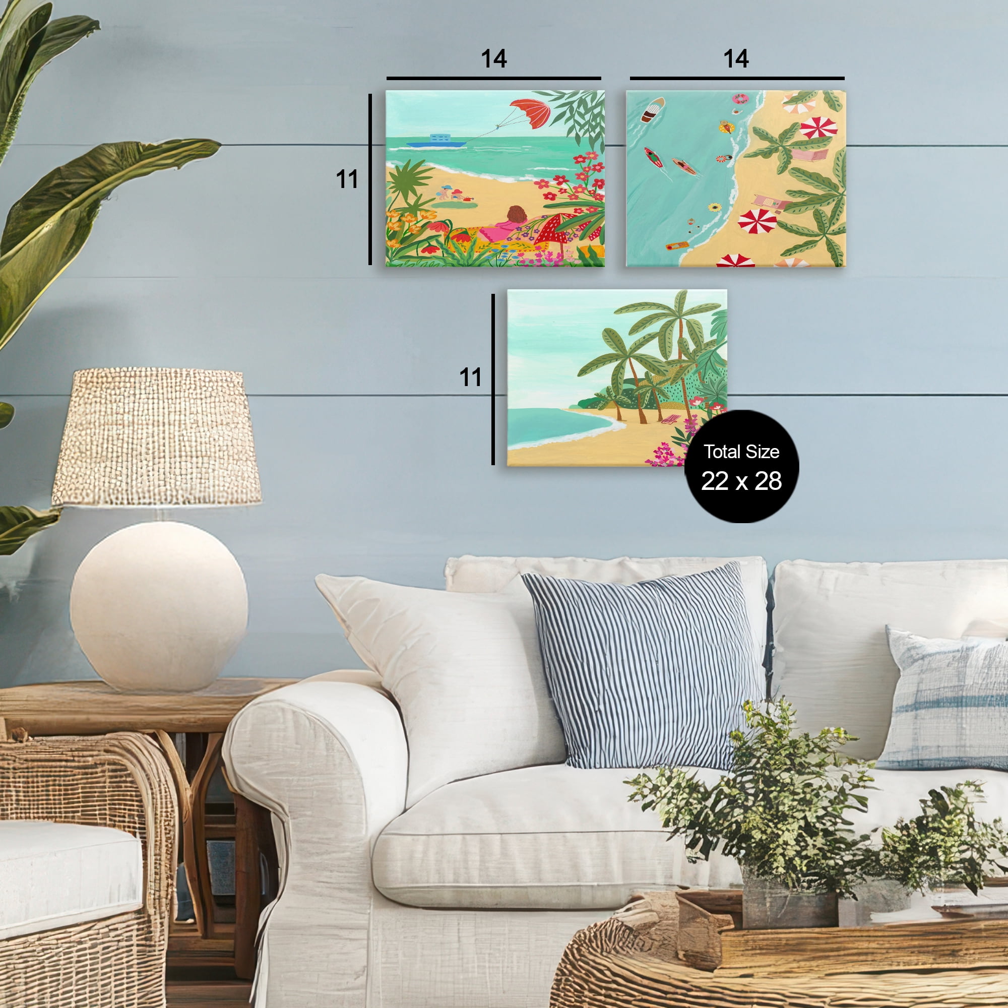 Busy Beach And Flowers 3 Piece Canvas Wall Art Set, design by Nabeela Rumi