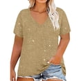 thumbnail image 5 of Sevevn Women's V-neck Center Hollow Fashionable Solid Color Plus Size Short Sleeved T-Shirt Khaki XXXXL, 5 of 6
