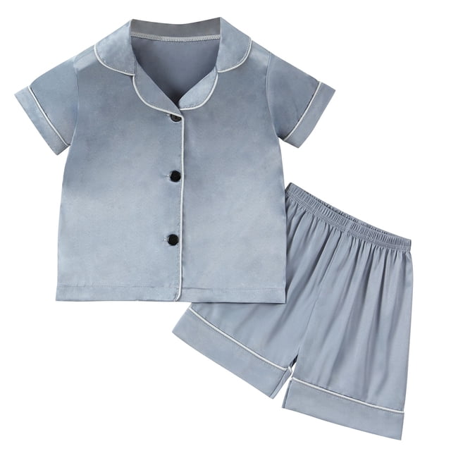 Odeerbi 1-8 Años Niños Niñas Pijama de Verano de Satén Con Solapa de Muesca Camisa de Manga Corta Pantalón Conjunto de Ropa de Dormir Suave