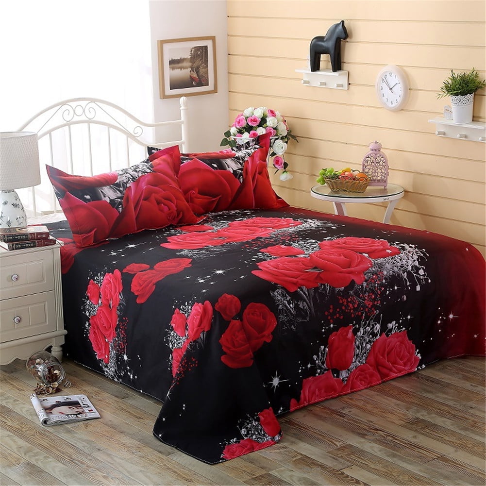 3Pcs/Set Romantic 3D Rose Pattern Printing Bed Sheet Pillow Cover