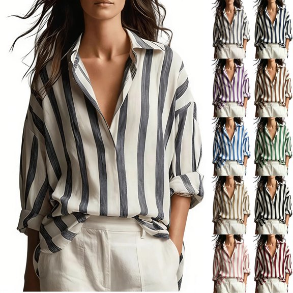 Women's Shirt Oversized Vertical Striped Button Down Shirts Collar Roll Up Sleeve Loose Linen Casual Blouses Vacation Beach Tunic Tops