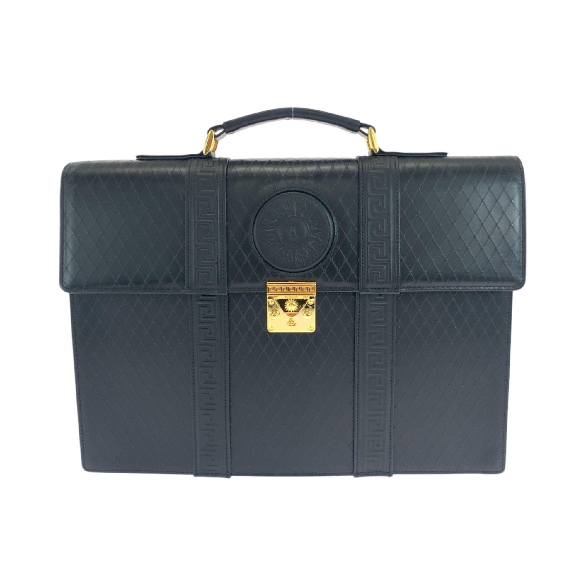 Pre-Owned Gianni Versace Vintage Sunburst Black Leather Business Briefcase with Gold Hardware...