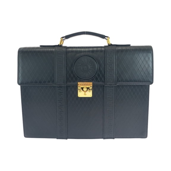Pre-Owned Gianni Versace Vintage Sunburst Black Leather Business Briefcase with Gold Hardware...