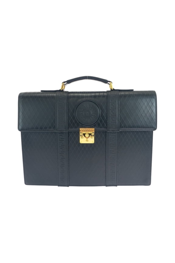 Pre-Owned Gianni Versace Vintage Sunburst Black Leather Business Briefcase with Gold... (Good)