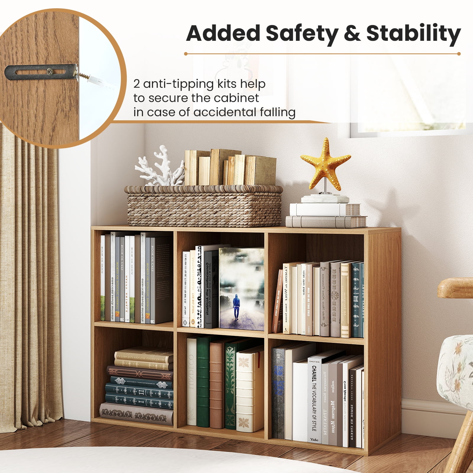 Costway 6-Cube Bookcase Modern 3-Tier Storage Organizer Horizontal Vertical Bookshelf Natural