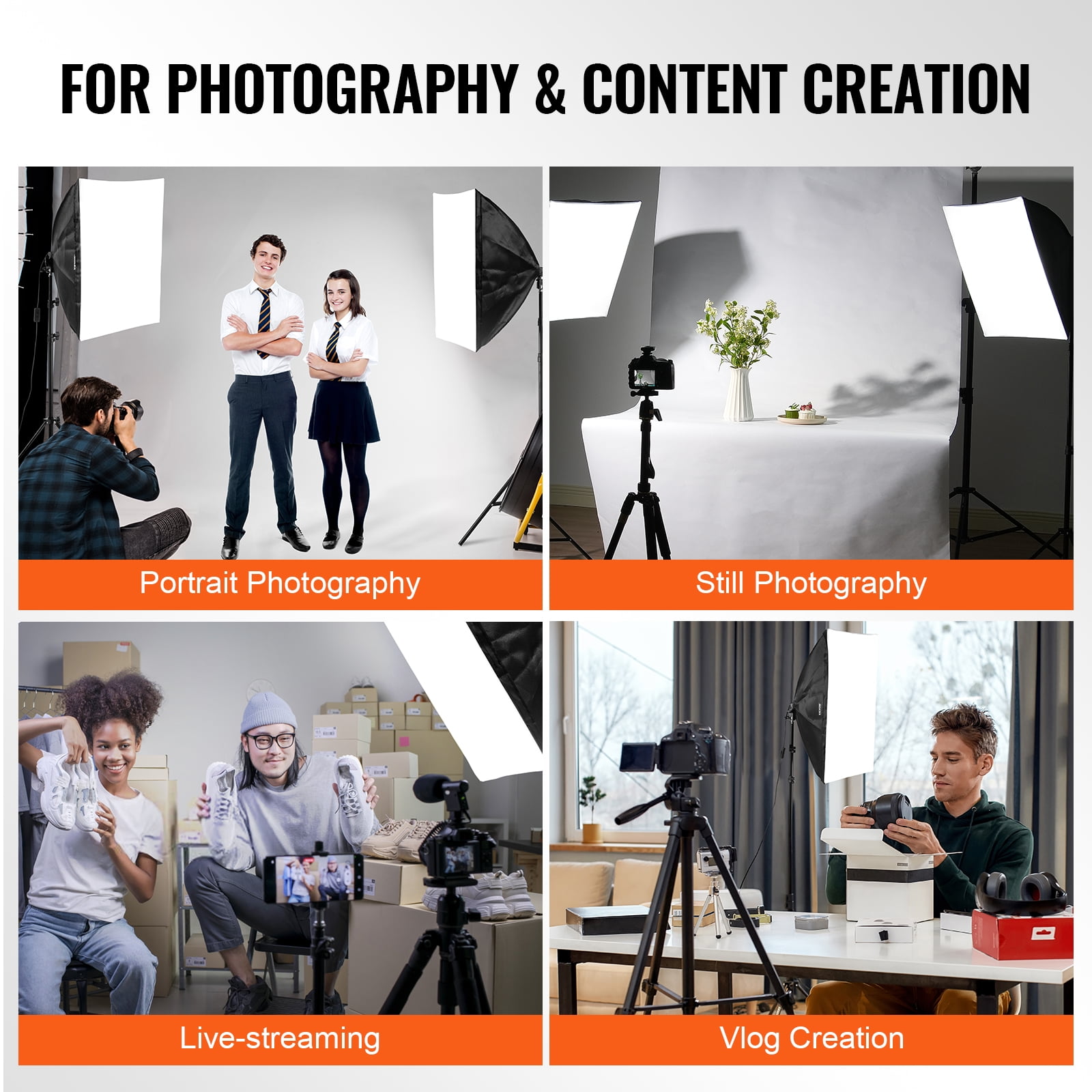 VEVOR Softbox Lighting Kit, 24" x 24", Professional Softbox with 30W 5500K LED Bulbs, Close to Natural Daylight,Adjustable Tripod Stand, Studio Lights for Photography,Vedio Recording, Live Streaming