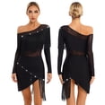 thumbnail image 2 of Aiihoo Women Off Shoulder Rhinestone Mesh Patchwork Latin Dance Dress Tassel Salsa Cha Cha Dance Dress Black M, 2 of 7